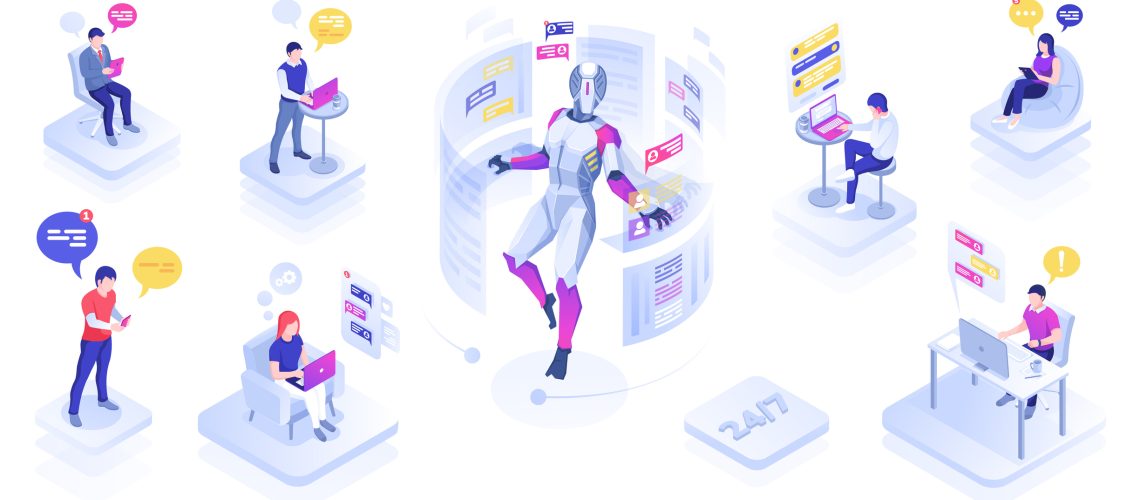 Chat robot or virtual assistant helping users. Chatbot or support bot message people. AI operating. Sign design artificial intelligence conversation or online assistance. Chatterbot, speech bubble