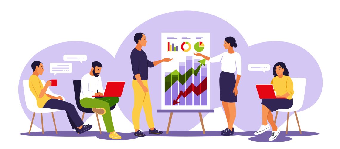 Coaches speaking before audience, presenting charts and reports. Training of employee. Team thinking and brainstorming. Vector illustration. Isolated flat.